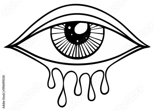 Black and white illustration of an eye with dripping tears
