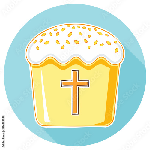 Festive yellow Easter cake with white frosting and sprinkles adorned with a vibrant orange Christian cross