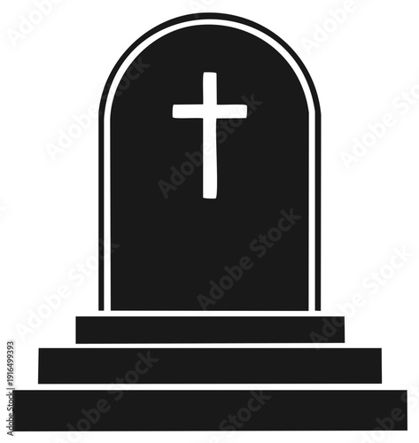 Cemetery Grave Marker with Cross, Headstone Symbol in Monochrome Style