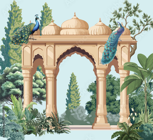 Mughal Garden Illustration For Wall Mural, Mughal Dome, Peacock, Dome.