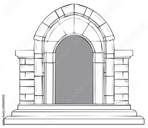 Stone Archway Entrance with Steps Line Art Illustration