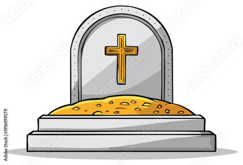 Tombstone with Golden Cross and Grave Dirt Cartoon Style