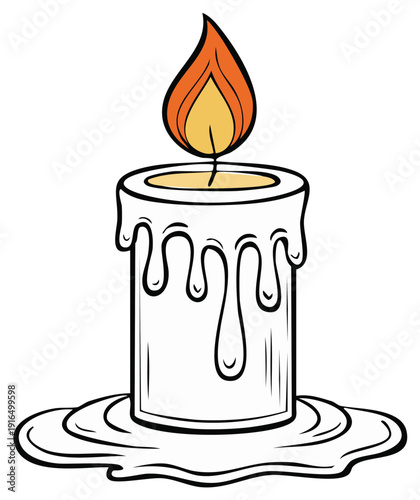 Burning white candle with dripping wax and orange flame illustration on white background