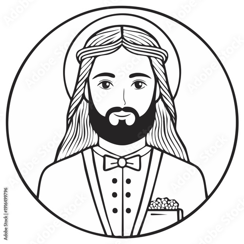 Jesus Portrait in Tuxedo Line Art Vector, Religious Symbol, Salvation Concept