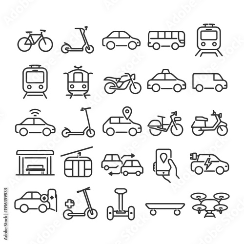 Various transportation icons: bikes, scooters, cars, buses, trains, and more.
