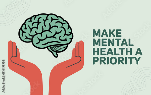 Hands holding brain with mental health priority text on light green background
