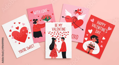 Collection of five vibrant Valentine's Day greeting cards featuring romantic illustrations of couples, hearts, and loving messages, set on a light pink background.