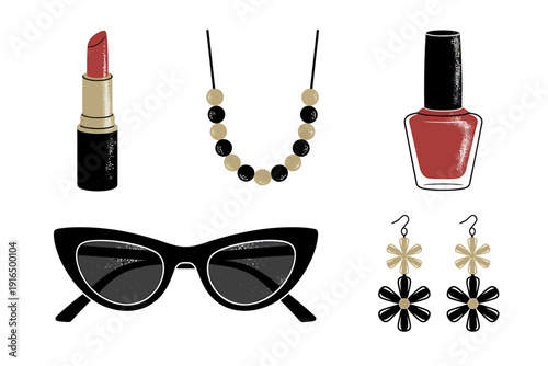 Fashion accessories and beauty products on white background