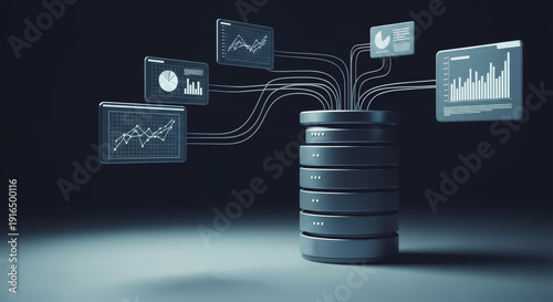 Database server connected to multiple screens displaying data analysis, graphs, and charts. Big Data processing, Business Intelligence, and IT visualization concept in a dark futuristic environment.