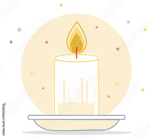 Glowing candle on a saucer surrounded by colorful stars and dots in cartoon style evokes warmth and tranquility