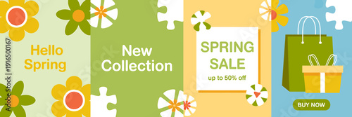 Vibrant spring sale banners with flowers and shopping bags online shopping