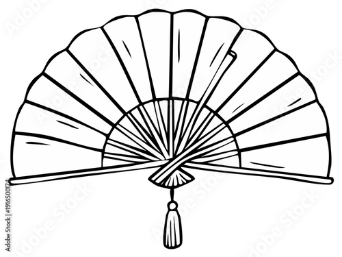Decorative handheld fan with a tassel in simple black and white line art illustration, oriental accessory