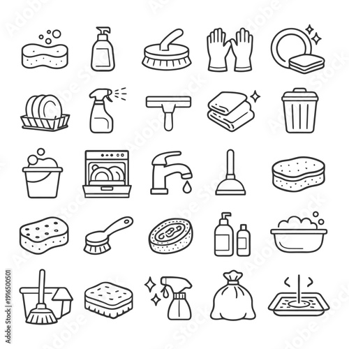 Essential household cleaning tools and supplies outline icons set.