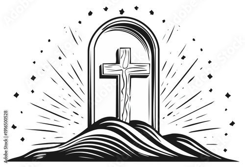 Symbolic Cross on Mount, Religious Vector Illustration for Easter or Remembrance with Shining Sun Rays