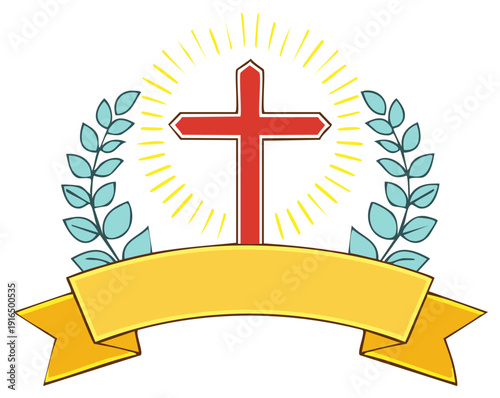 Christian Cross with Laurel Wreath and Ribbon Banner Element