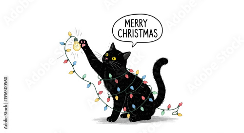 Playful black cat tangled in colorful Christmas lights on an isolated white background.