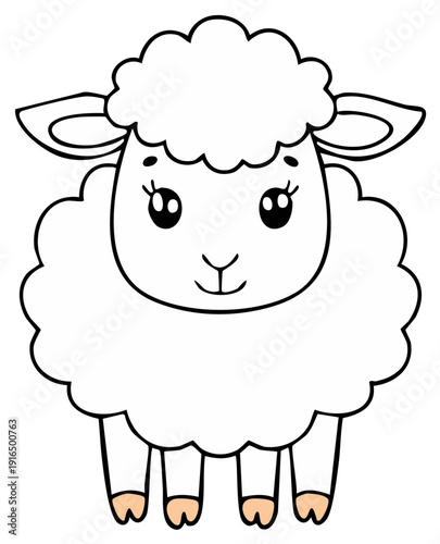 Cute Cartoon Sheep Standing, Simple Outline Illustration.