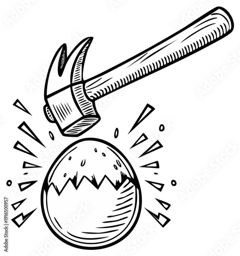 Hammer breaking open an egg, vector line art illustration