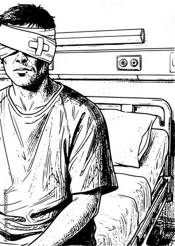 Sketch of Injured Patient in Hospital Silhouette - Medical Recovery with Bandages and IV Drip Stand Vector Illustration