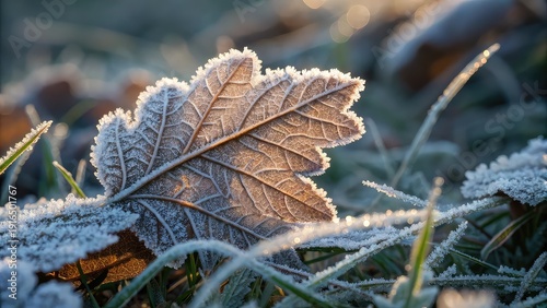 macro shot of frost crystals on a leaf, winter morning, natural