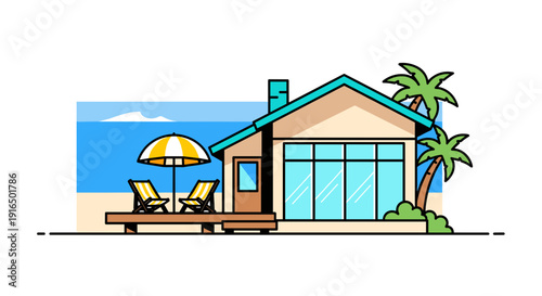 Beach House with Deck and Palm Trees.