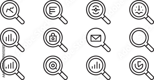 Collection of minimalist line art icons featuring magnifying glass designs