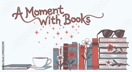 Vector illustration of stacked books with flowers, sunglasses, and a cup of coffee on a white background
