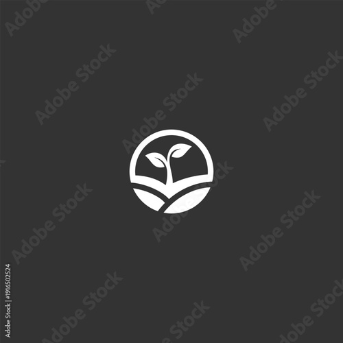 Minimalist logo of a plant growing in a circular field nature concept.