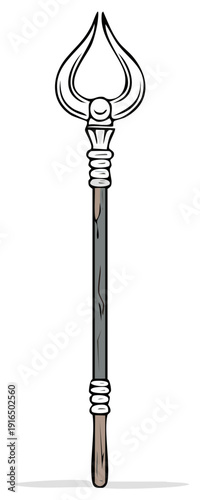 Ornate Wooden Staff or Scepter with Decorative Top Design