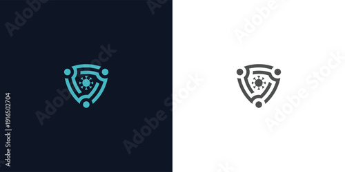 Shield logo with virus protection and people around it modern design.
