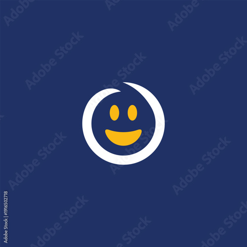 Smiling face logo design with a white outline on a dark blue background.