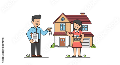 Cartoon Couple Buying New Home Together.