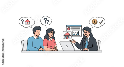 Cartoon People Discussing Real Estate Options.