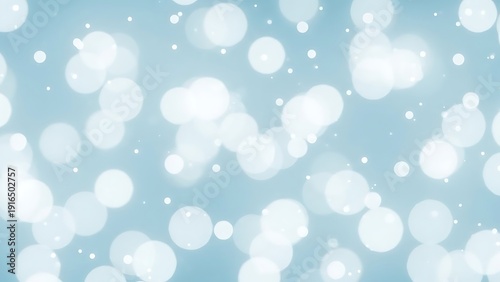 Light blue background with white bokeh lights of various sizes white circles glowing effect abstract