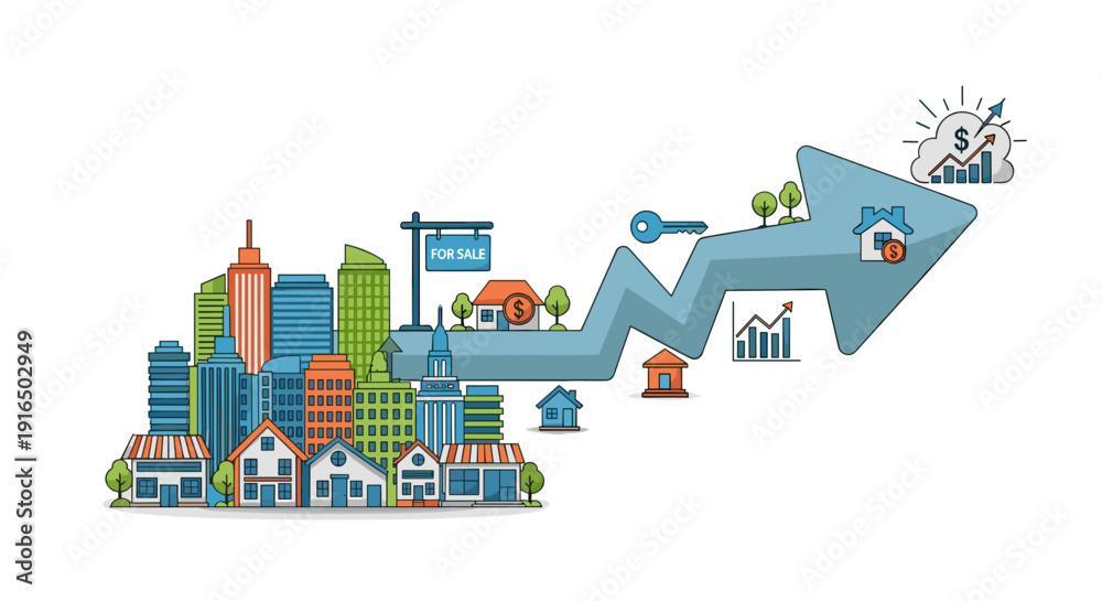 Naklejka premium Colorful Cityscape Illustration with Rising Arrow.