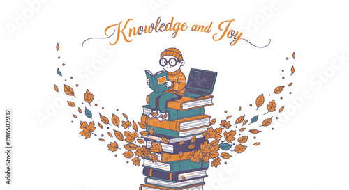 Cartoon person sitting on stack of books with laptop surrounded by leaves isolated on transparent background