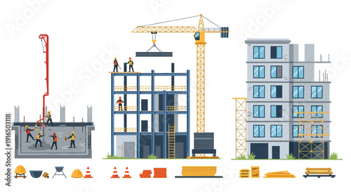 Construction Site with Buildings and Crane.
