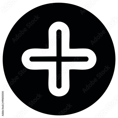 White plus symbol sign in a round black circle for design elements