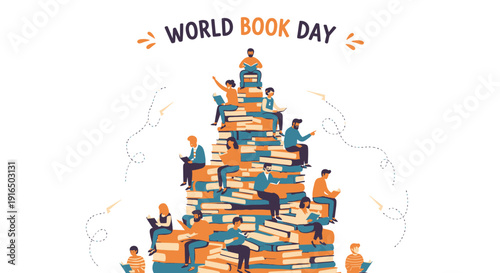 Vector illustration of people sitting on a large stack of books, celebrating World Book Day