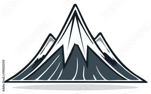 Stylized graphic illustration of a snow-capped mountain range with sharp peaks and rocky slopes
