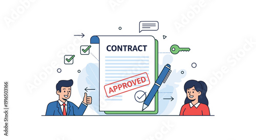 Contract Document with Approval Stamp and People.