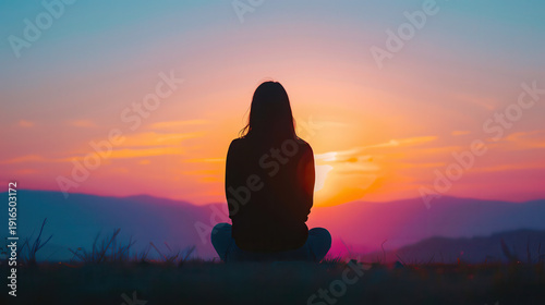 A woman sits on a hillside, looking out at the sunset