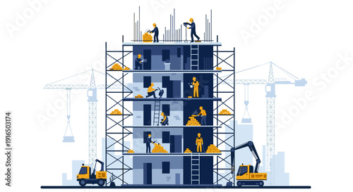 Construction Site with Workers on Scaffolding.