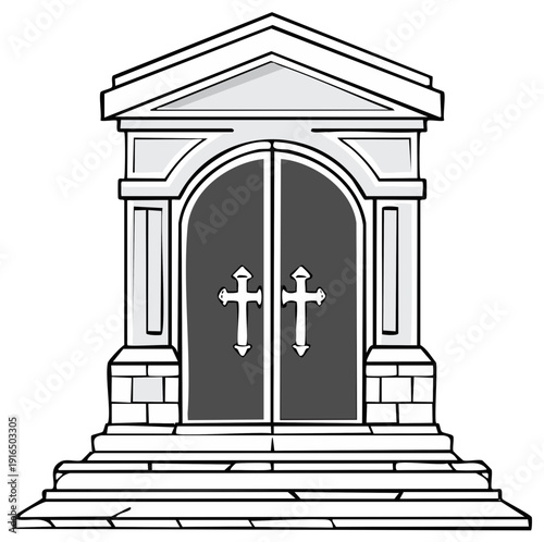 Cartoon drawing of cemetery mausoleum with double doors and crosses