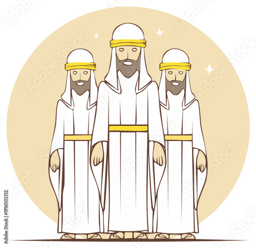 Illustration of Three Wise Men in White Robes and Headbands for a Holiday Nativity Scene