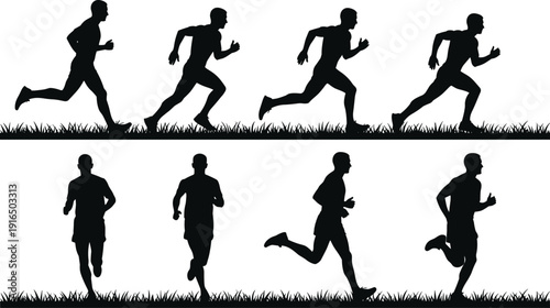 Black silhouettes of men running on grass