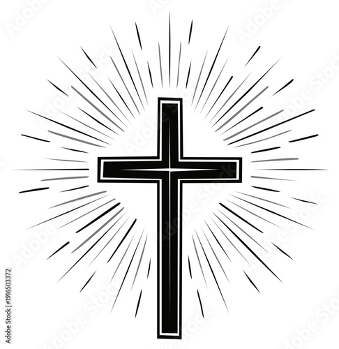 Christian cross with radiating lines, religious symbol of faith and spirituality, hope and salvation, graphic design element