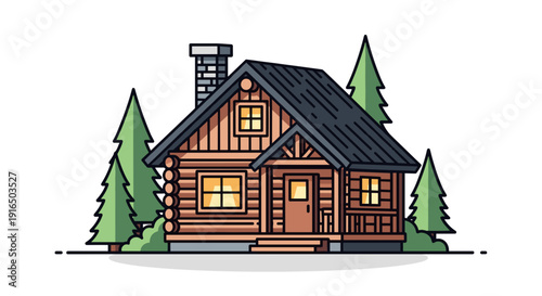 Cozy Log Cabin House Illustration.
