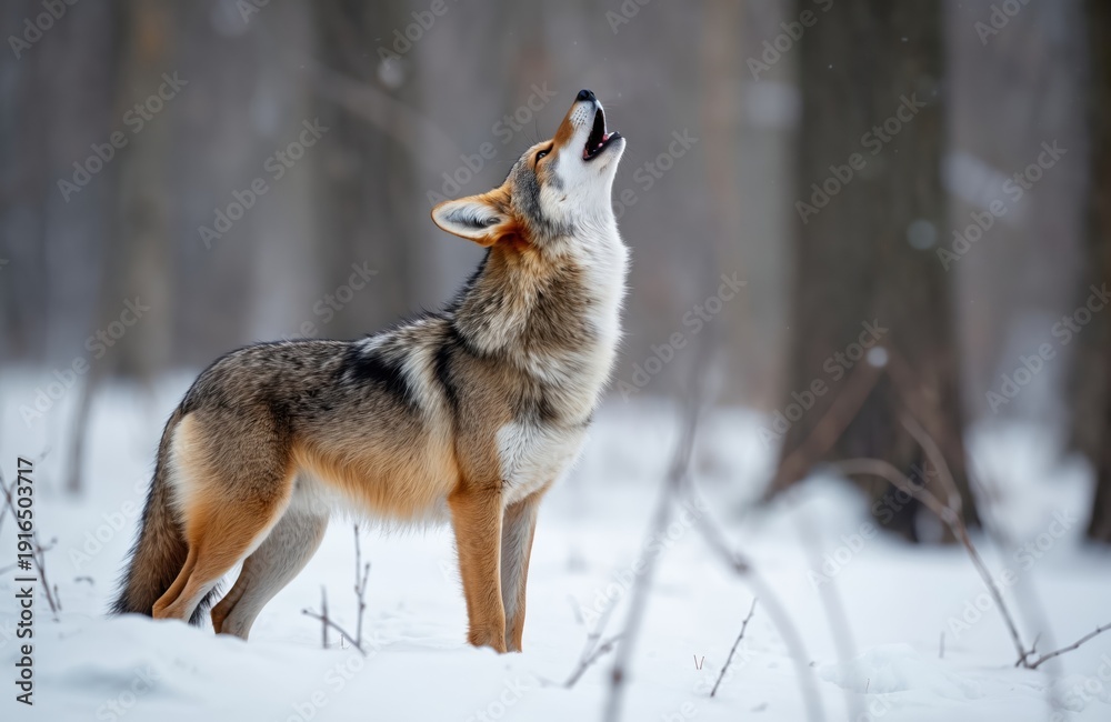 Obraz premium Coyote howls in snow covered forest. Wild animal calls out in winter woodland. Lone wolf like creature in icy nature setting. Single canine vocalizes sound.