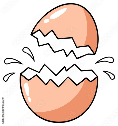 Cartoon cracked egg with water droplets and jagged edges on white